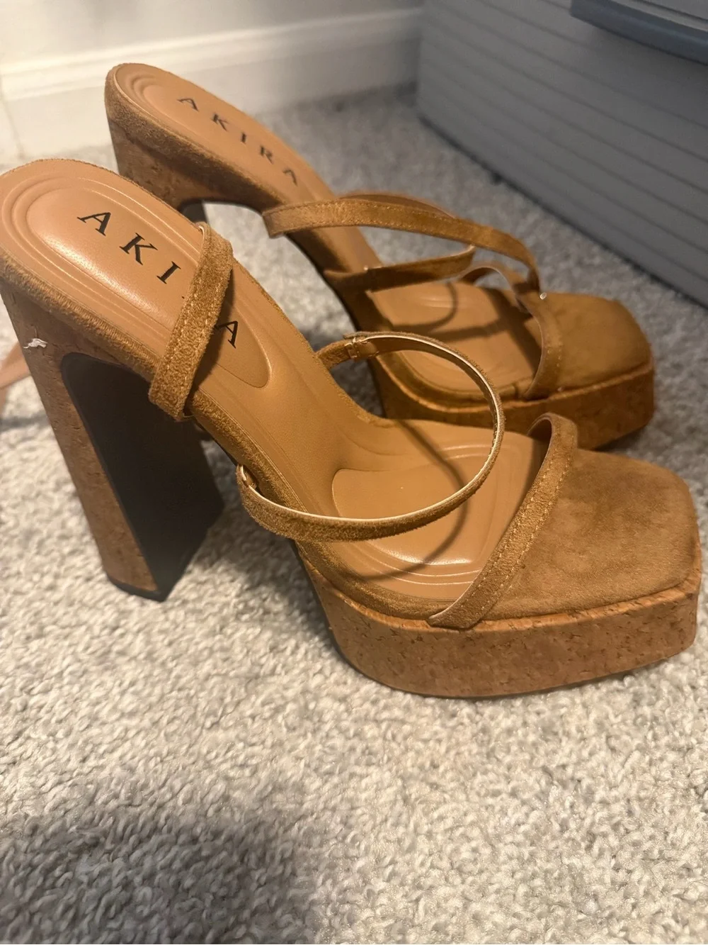 AKIRA Camel/Tan Suede Platform Block Heel Sandals